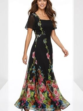 NWT FLORYDAY BohoFloral Chiffon Fit & Flare Style Sider Zip Maxi Dress Size L